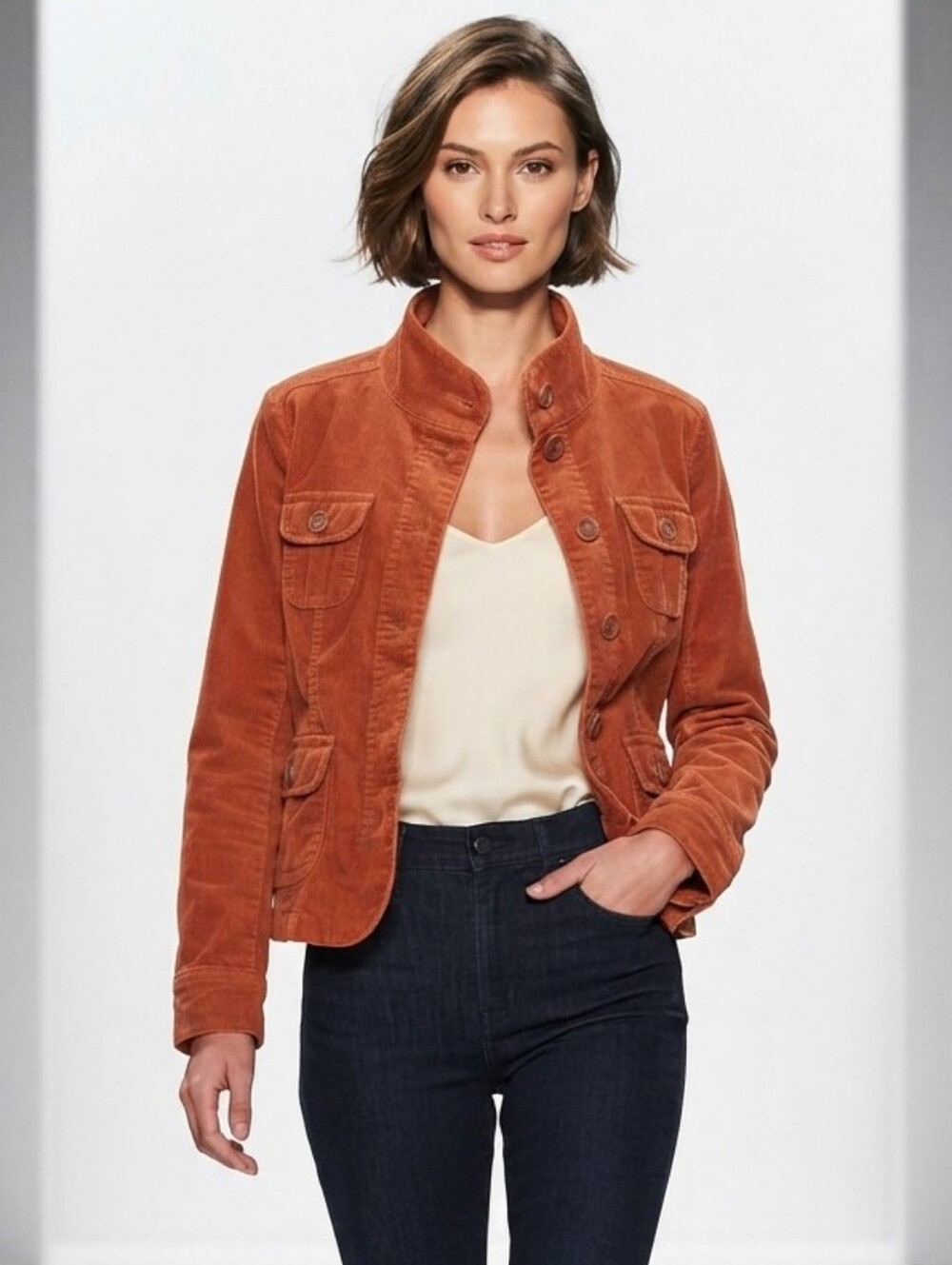 AMI Orange Corduroy Utility Jacket Sz XL Cotton Stretch Long Sleeve Pocket Cargo
